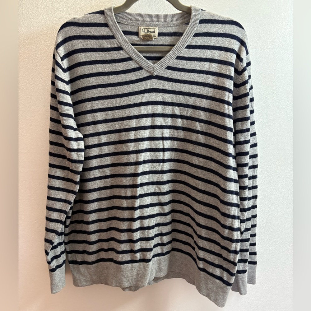 L.L. Bean Gray And Navy Striped Cashmere Blend V-Neck Sweater L